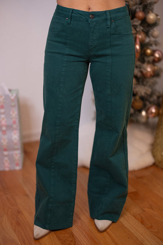 Risen Jeans hunter green tummy control mid rise wide leg jeans