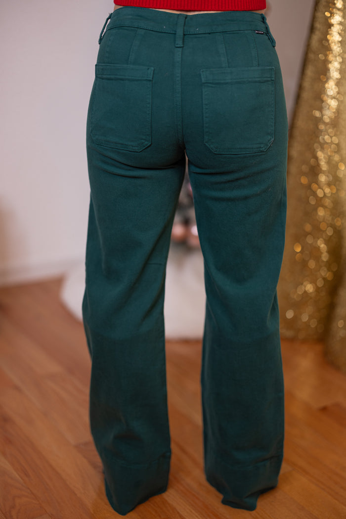 Risen Jeans hunter green tummy control mid rise wide leg jeans showing back view