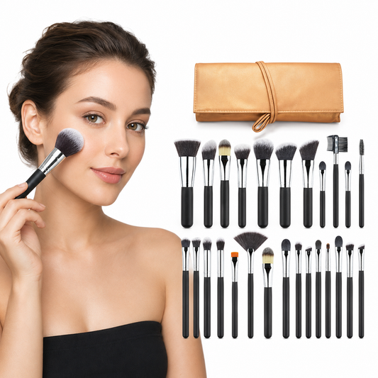 24 piece makeup brush set arranged for face and eye application with smooth bristles and varied shapes for daily beauty looks