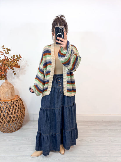 Dark denim maxi skirt by Peach Love California showing full front view