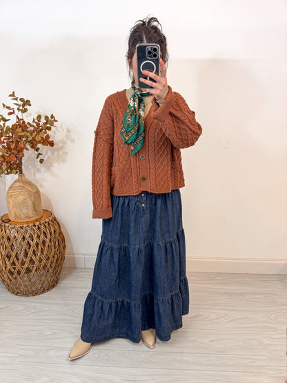 Dark denim maxi skirt by Peach Love California shown styled with an outfit