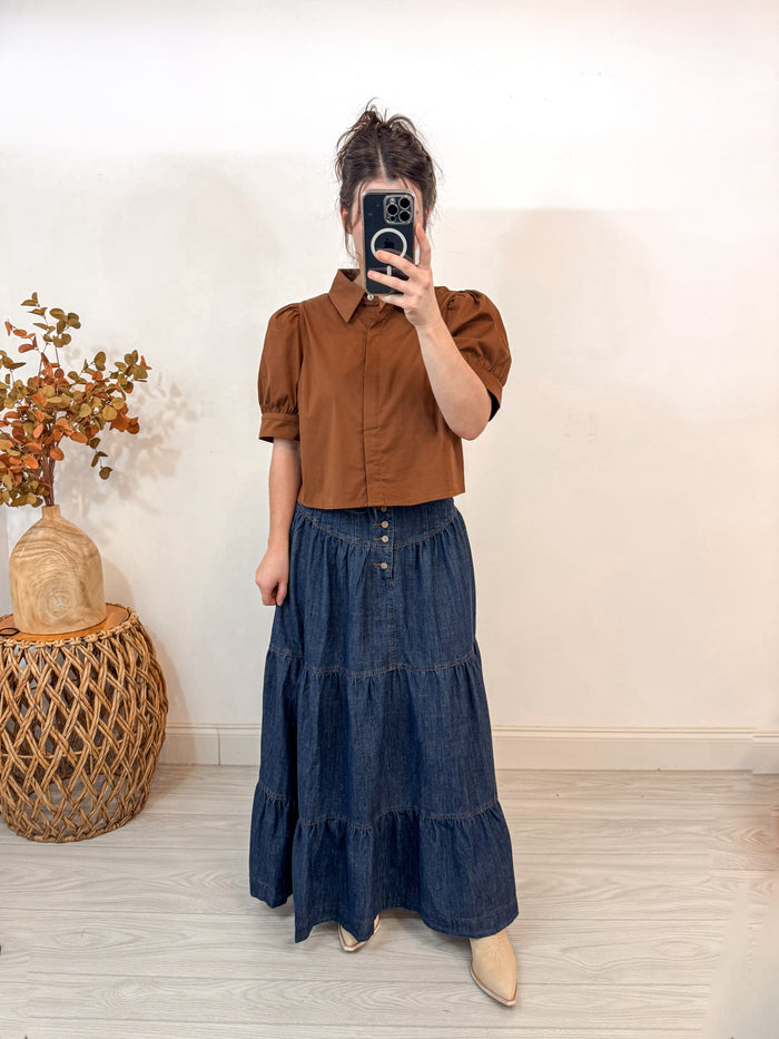 Dark denim maxi skirt by Peach Love California, perfect for church