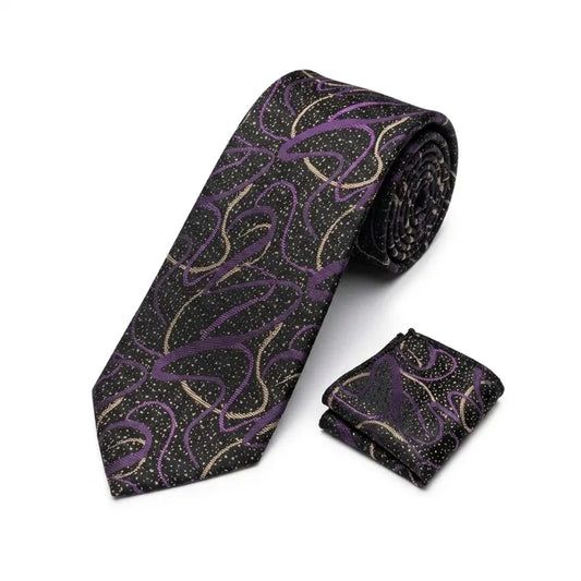 Men's Black Abstract Pattern Tie and Pocket Square Set KR 188