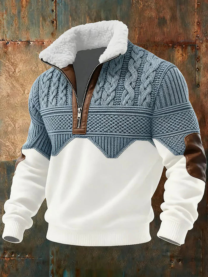 Men's cable knit quarter zip sweater styled with dark jeans, full outfit
