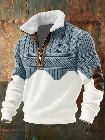 Sweater with white collar, blue patterned sleeves, and brown leather accents on a rustic metal background