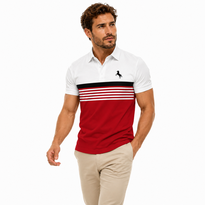 Short sleeve striped golf shirt with sharp collar and comfortable loose fit