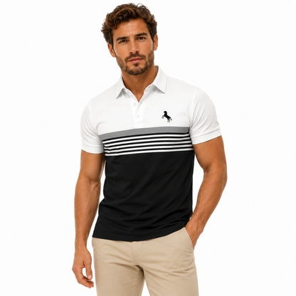 Men's casual polo shirt shown from front with sporty stripe detail