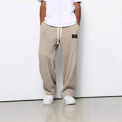waffle straight pants men mid waist drawstring adjustment