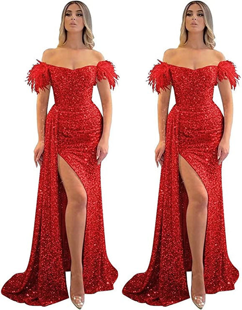 Mermaid/Trumpet Prom Dress 2023 Off Shoulder Short Sleeves Sequined with Slit Sparkle&Shine