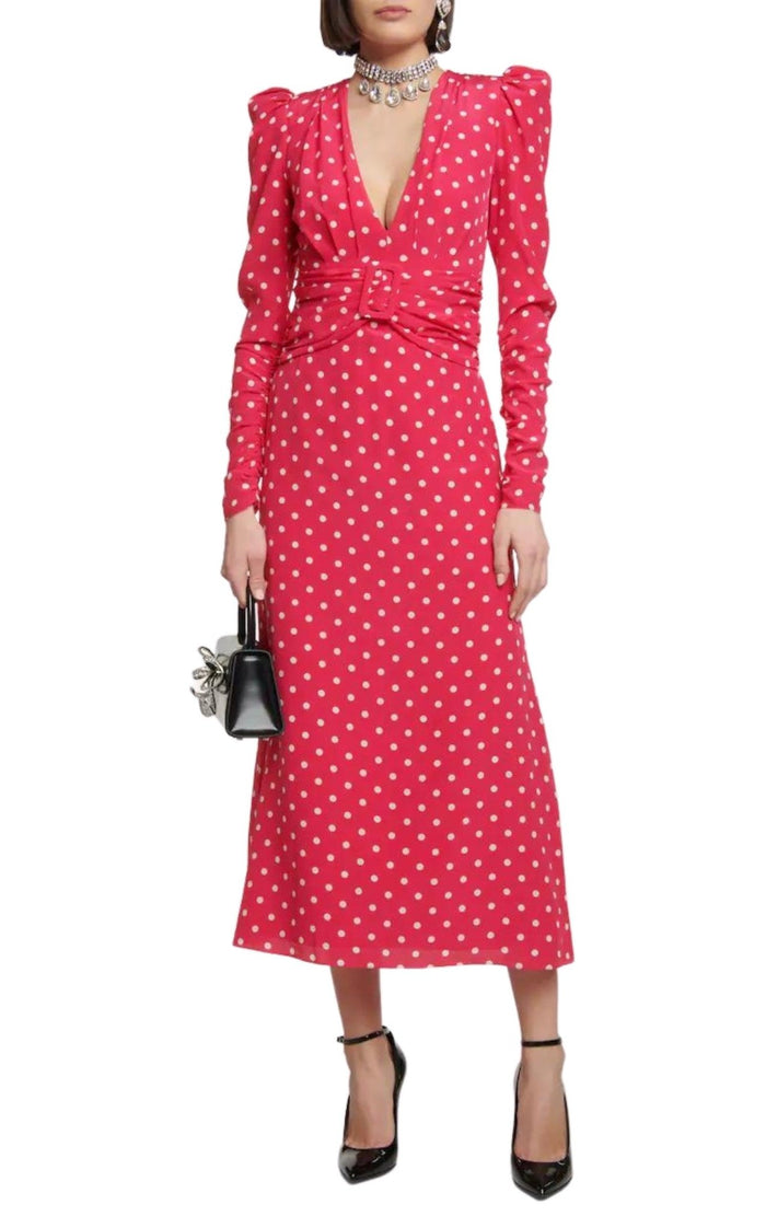 Alessandra Rich Midi Polka Dot Print Silk Dress - Runway Catalog