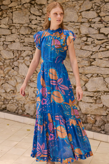 Mock Neck Flutter Maxi- Antico Blue