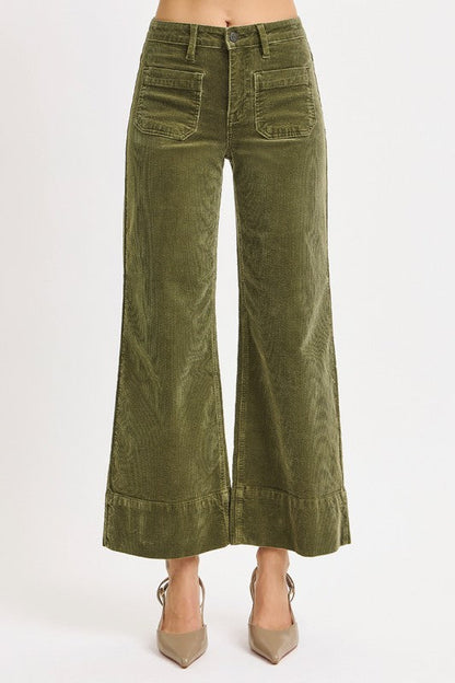 Risen Jeans high rise cropped wide leg corduroy pants in washed moss green