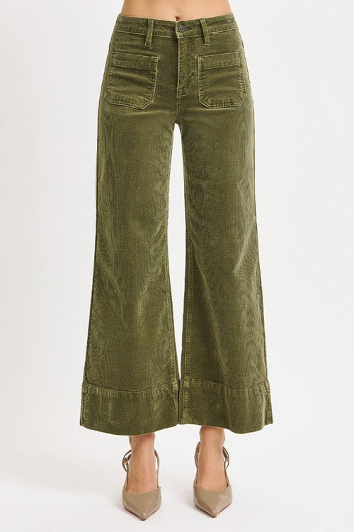 Risen Jeans high rise cropped wide leg corduroy pants in washed moss green