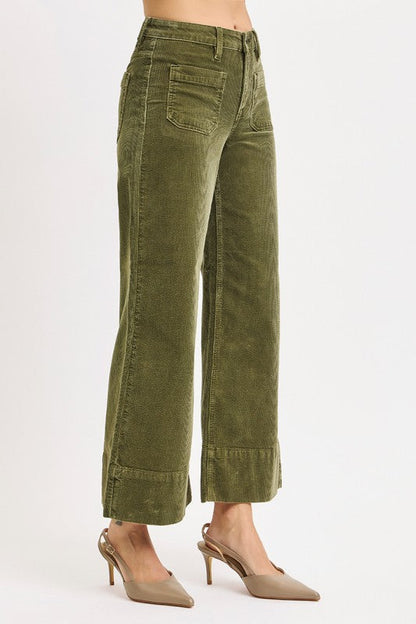 Risen Jeans high rise cropped wide leg corduroy pants in washed moss green showing side view