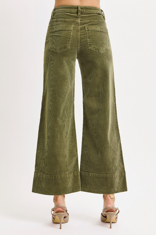 Risen Jeans high rise cropped wide leg corduroy pants in washed moss green showing back view
