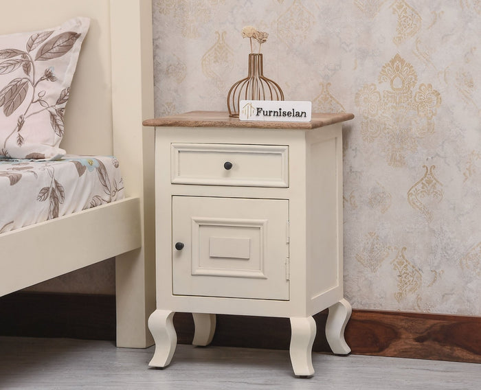 Mumbai Solid Wood One Door One Drawer Bedside Table - Left Side Door - Furniselan - Frosty White