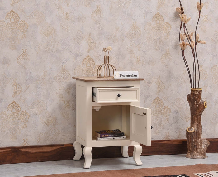 Mumbai Solid Wood One Door One Drawer Bedside Table - Left Side Door - Furniselan - Frosty White