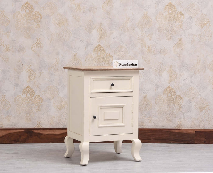 Mumbai Solid Wood One Door One Drawer Bedside Table - Left Side Door - Furniselan - Frosty White