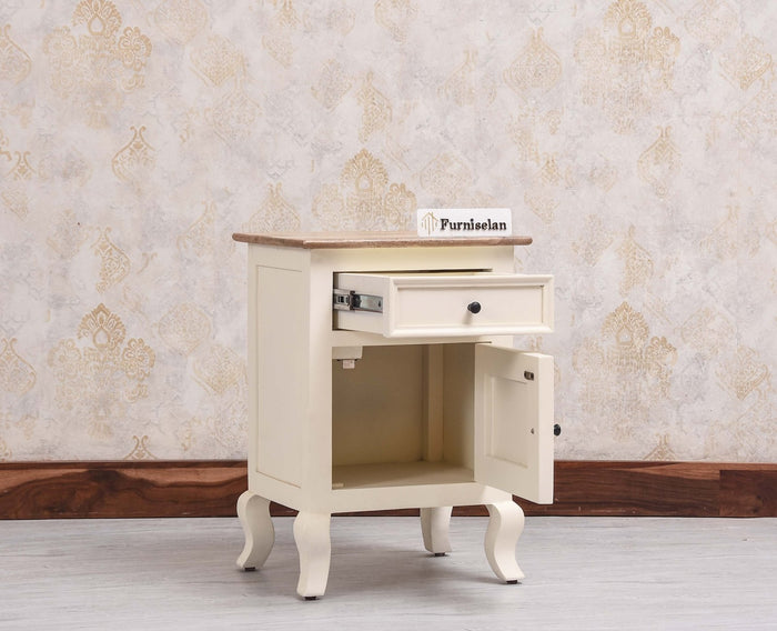 Mumbai Solid Wood One Door One Drawer Bedside Table - Left Side Door - Furniselan - Frosty White