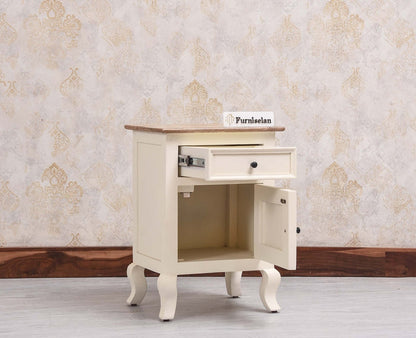 Mumbai Solid Wood One Door One Drawer Bedside Table - Left Side Door - Furniselan - Frosty White