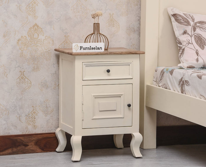 Mumbai Solid Wood One Door One Drawer Bedside Table - Right Side Door - Furniselan - Frosty White