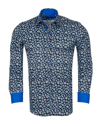 Navy Floral Pattern Print Shirt-Makrom