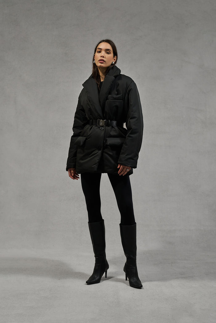 NYLON PADDED BLAZER COAT - BLACK