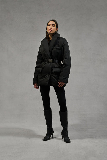NYLON PADDED BLAZER COAT - BLACK