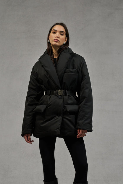 NYLON PADDED BLAZER COAT - BLACK