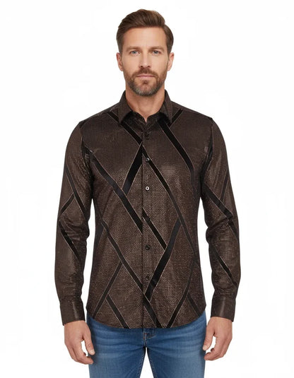 Oscar Banks Premium Shiny Black and Bronze Geometric Pattern Shirt-Makrom