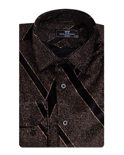 Oscar Banks Premium Shiny Black and Bronze Geometric Pattern Shirt-Makrom