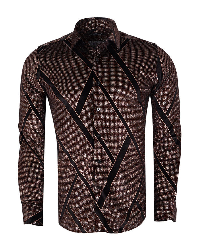 Oscar Banks Premium Shiny Black and Bronze Geometric Pattern Shirt-Makrom
