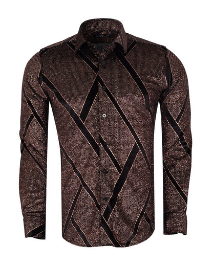 Oscar Banks Premium Shiny Black and Bronze Geometric Pattern Shirt-Makrom