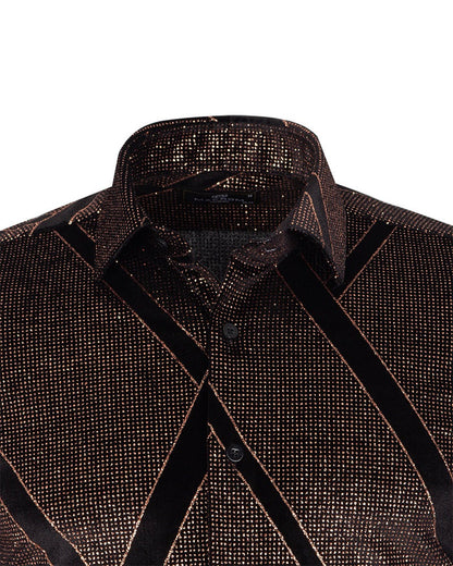 Oscar Banks Premium Shiny Black and Bronze Geometric Pattern Shirt-Makrom