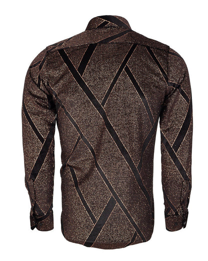 Oscar Banks Premium Shiny Black and Bronze Geometric Pattern Shirt-Makrom
