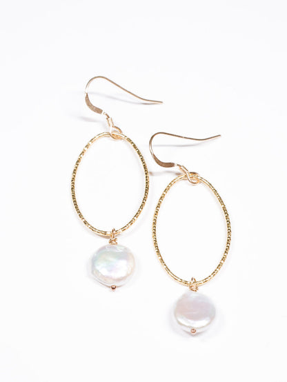 Nina Hall gold oval drop earrings with creamy white coin pearls, handmade and nickel-free, available at Ardor Boutique