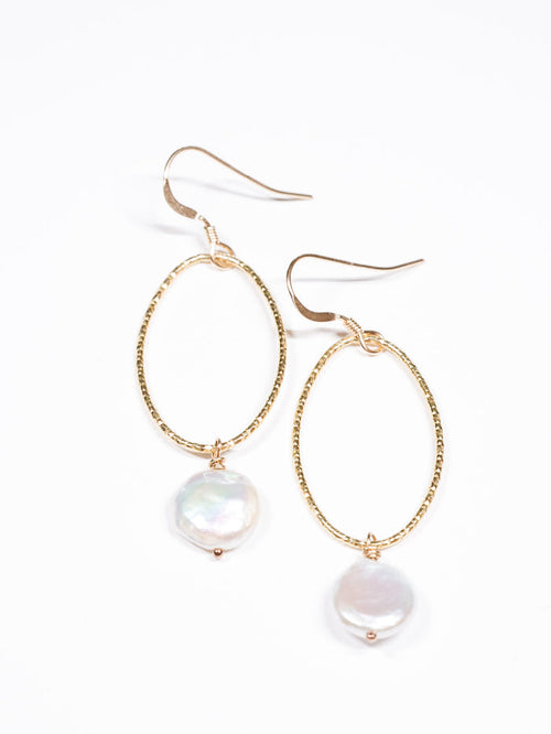 Nina Hall gold oval drop earrings with creamy white coin pearls, handmade and nickel-free, available at Ardor Boutique