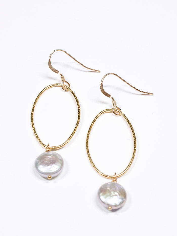 Nina Hall gold oval earrings with silvery grey coin pearls, handcrafted and nickel-free from Ardor Boutique