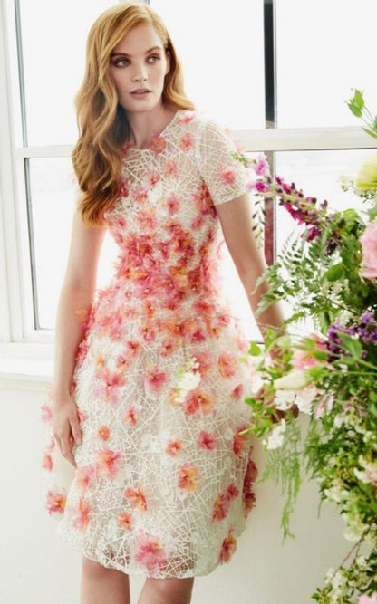 Pamella Roland Pink Floral - appliqued Lace Midi Dress - Runway Catalog