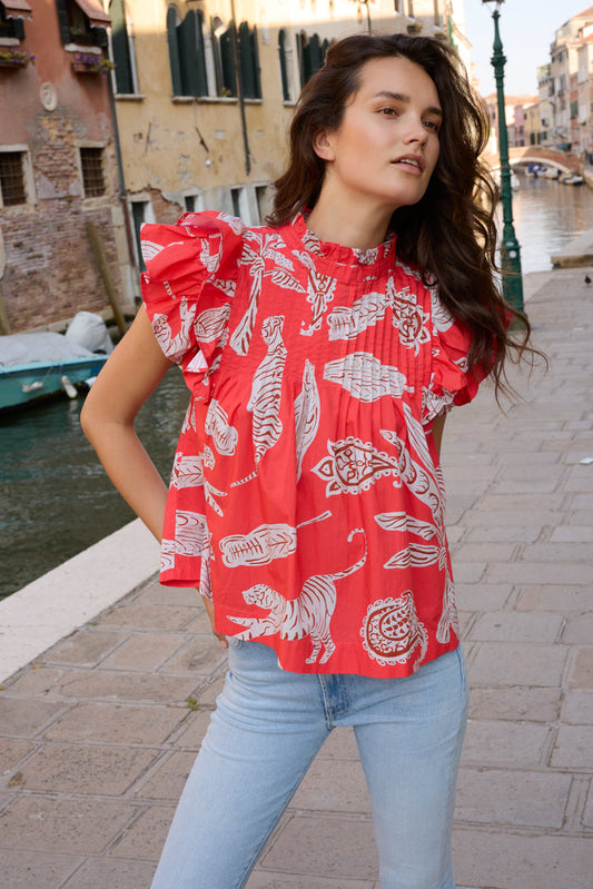 Pintuck Ruffle Top- Bengal Brick