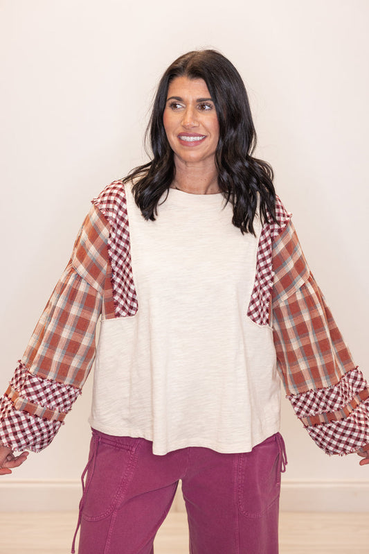 Plaid Patchwork Natural Colorblock Top