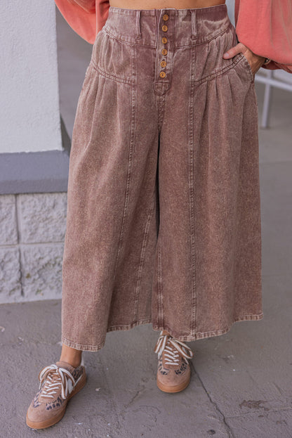 Women's brown washed twill denim exaggerated wide leg pleated pants by Fantastic Fawn