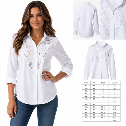 Versatile plus size shirt with embroidered detail, comfortable long sleeve coverage and elegant casual temperament for women.