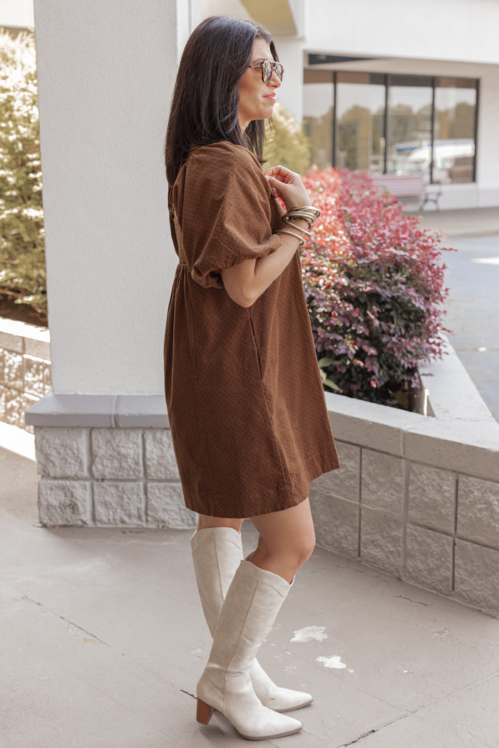 Women's brown pleated corduroy dress with black polkadots by Wishlist showing full side view