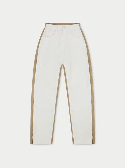 PU SPLICED DENIM JEANS - OFF WHITE/BEIGE