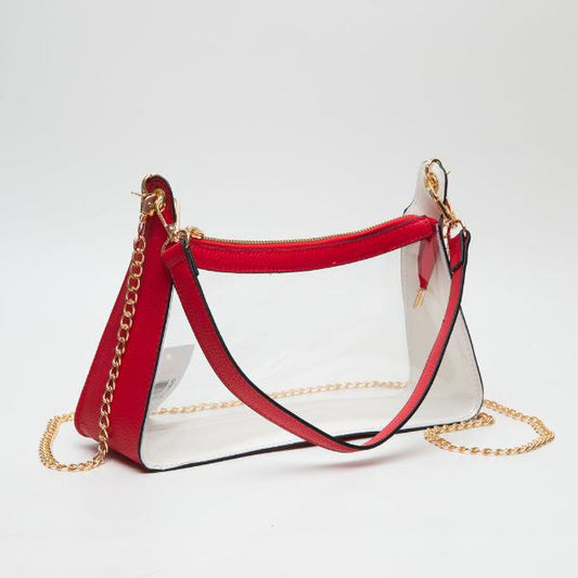 red and and clear crossbody stadium bag