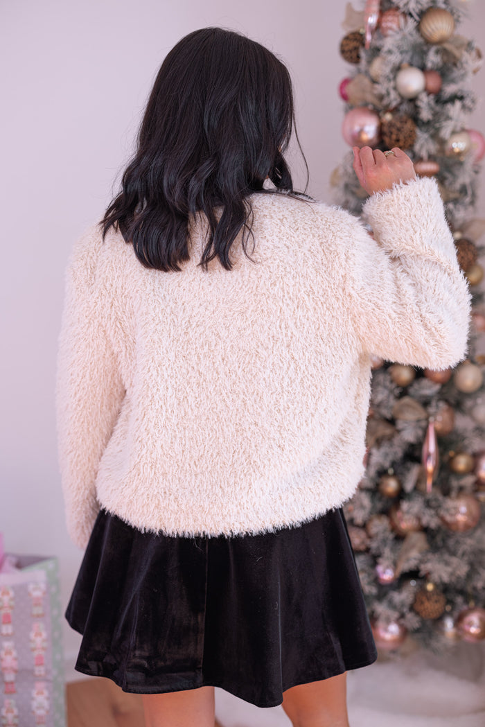 Women's cream faux fur open front cropped jacket by Blu Pepper showing up close back view