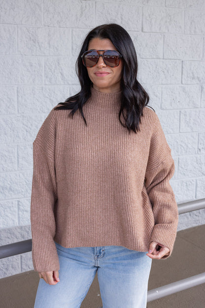 Women's cocoa brown ribbed knit sweater by Wishlist showing up close front view
