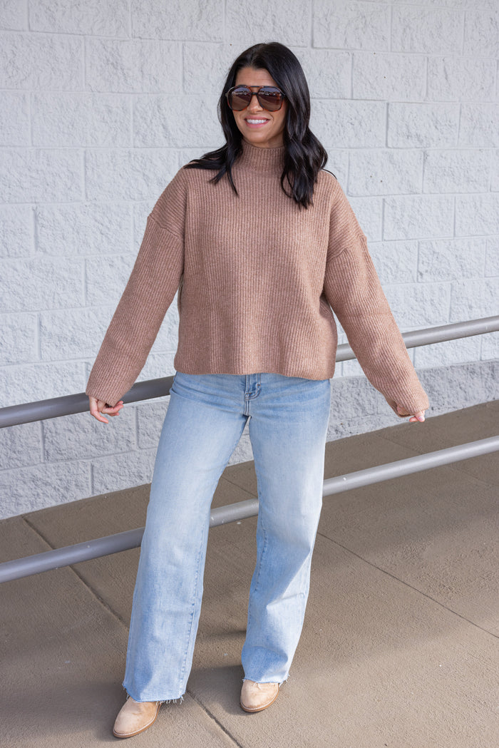 Women's cocoa brown ribbed knit sweater by Wishlist showing full front view