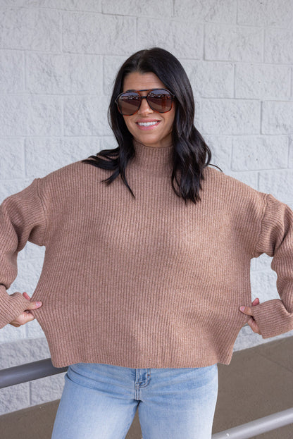 Women's cocoa brown ribbed knit sweater by Wishlist showing true to size fit